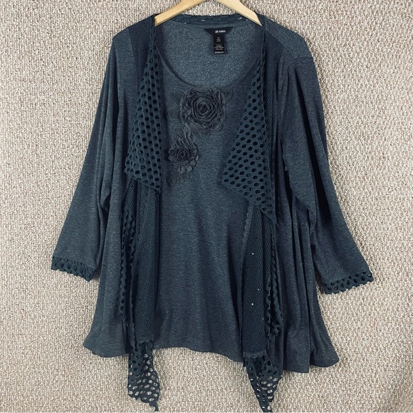 Ali Miles Tops - Ali Miles Tunic 1X All In One Gray Floral Draped Whimsigoth Mori Kei T234